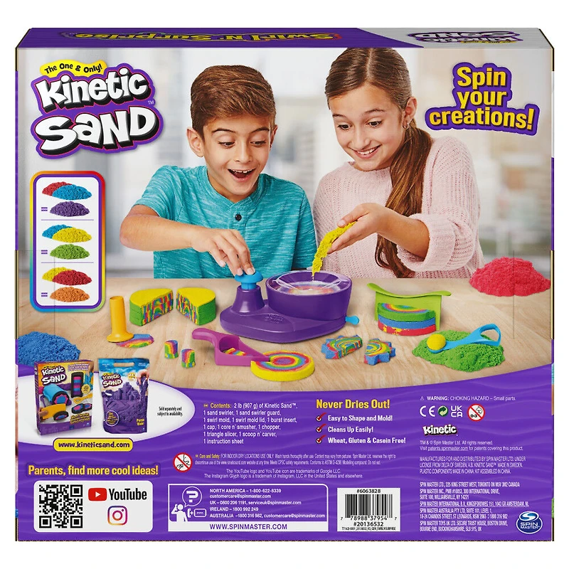 Kinetic Sand, Coffret Swirl N' Surprise avec 907 g de sable modelable rouge, bleu, vert et jaune et 4 outils