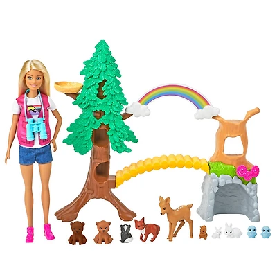 Barbie Wilderness Guide Interactive Playset with Barbie Doll (12-in/30.40-cm), Outdoor Tree, Bridge, Overhead Rainbow, 10 Animals & More