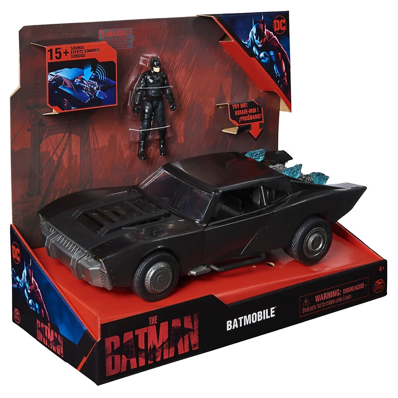 DC Comics, Batman Batmobile avec figurine Batman de 10 cm, effets sonores et lumineux, Pièce à collectionner du film Batman