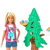 Barbie Wilderness Guide Interactive Playset with Barbie Doll (12-in/30.40-cm), Outdoor Tree, Bridge, Overhead Rainbow, 10 Animals & More