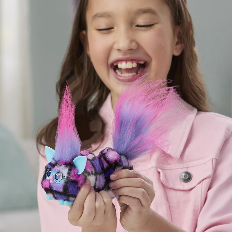 Furby DJ Furblets Dis-Co-Dazz Mini Electronic Plush Toy with Funny Stretchable Sound Effects & Music, Speaks Furbish, Pink, Purple, & Black