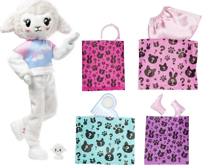 Barbie Cutie Reveal Cozy Cute Tees Doll and Accessories, Lamb in "Dream" T-shirt, Pink-Streaked Blond Hair and Blue Eyes