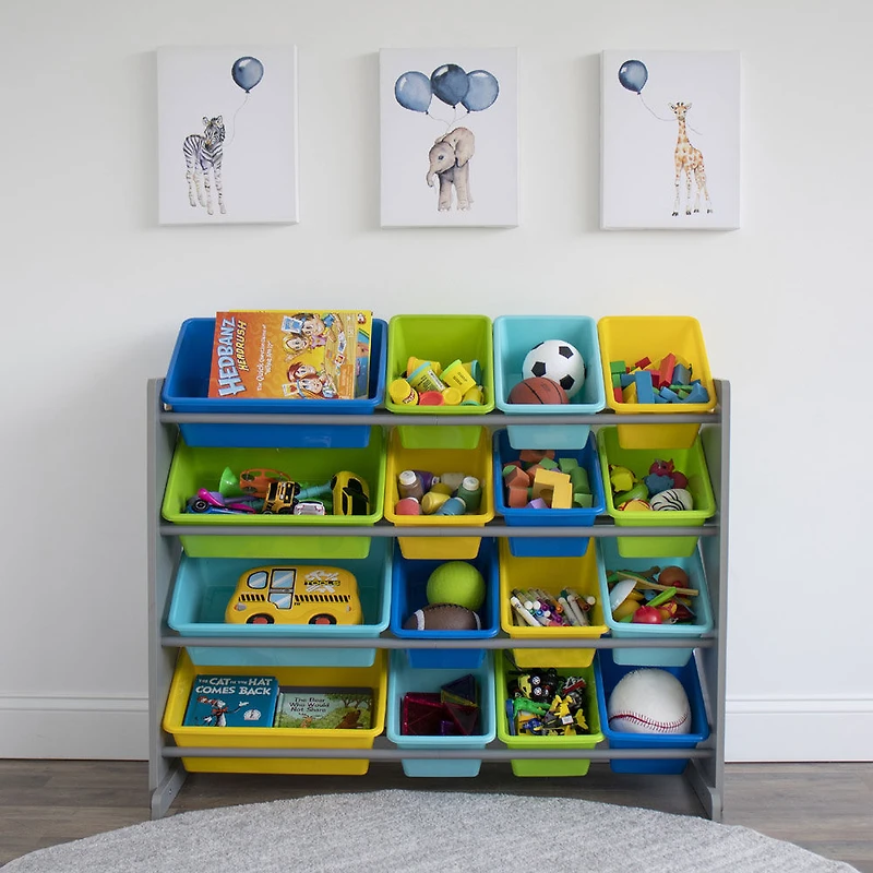 Toy Organizer with 16 Bins, Grey/Blues
