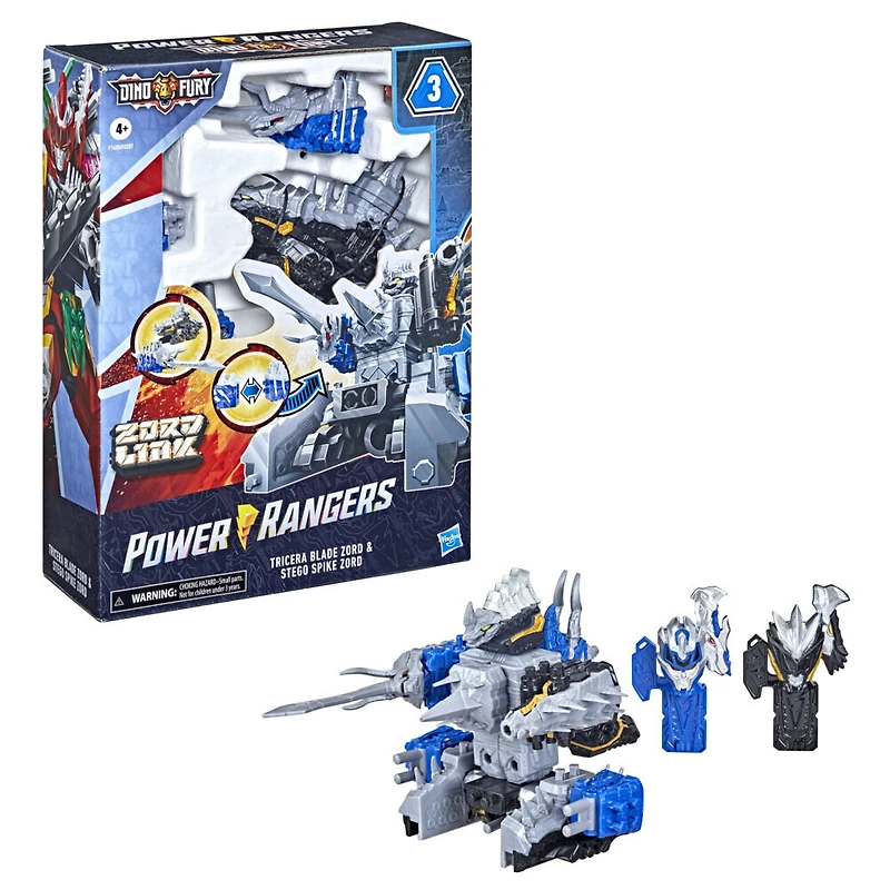 Power Rangers Dino Fury Blue Tricera Blade and Black Stego Spike Zord, Zord Link Mix-and-Match Custom Build System
