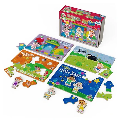 Cocomelon, Coffret de 4 puzzles en bois, Coffret cadeau de puzzles de 18 pièces chacun avec personnages interchangeables