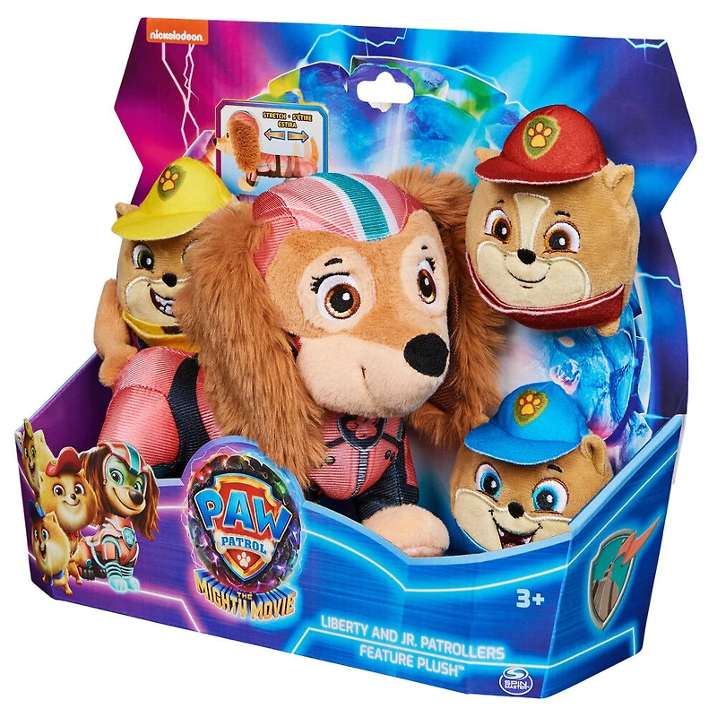 PAW Patrol : La Super Patrouille le film, Peluche Liberty Super Patrouille avec trois animaux en peluche miniatures jeunes patrouilleurs