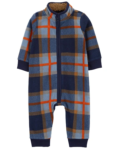Carter's Plaid Zip Up Fleece Jumpsuit Navy  Newborn