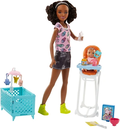 Barbie Babysitting Playset with Skipper Friend Doll, Color-Change Baby Doll, High Chair, Crib and Themed Accessories