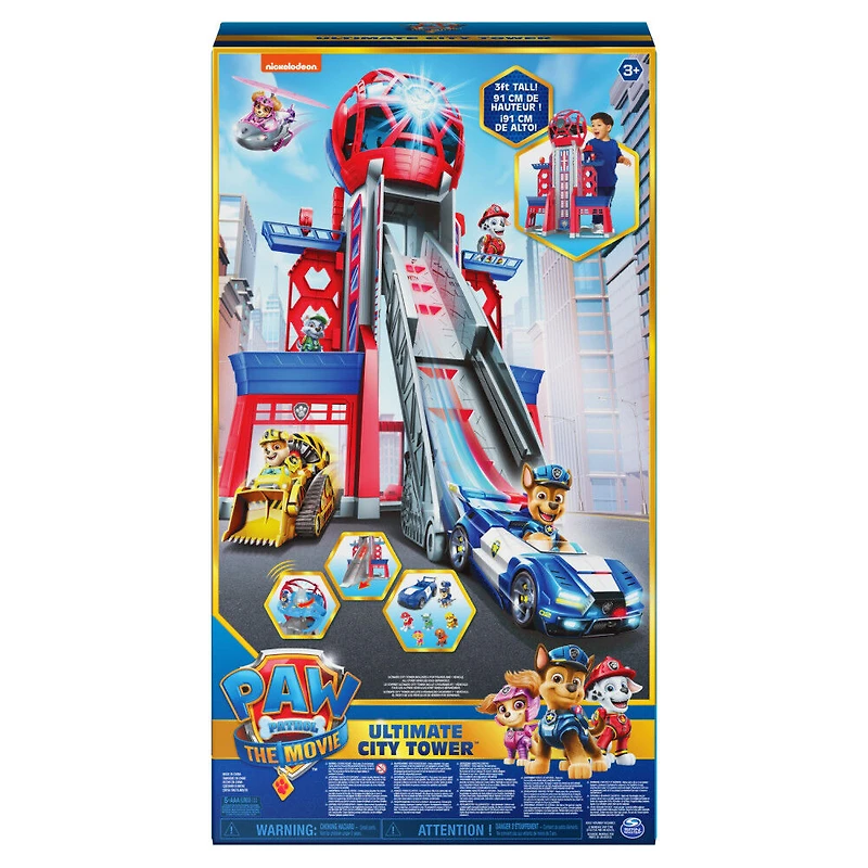 PAW Patrol, Ultimate City Tower du film transformable de 91 cm avec 6 figurines articulées à collectionner, véhicule, effets sonores et lumineux