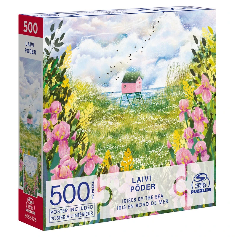 Spin Master Puzzles, Irises by the Sea 500-Piece Jigsaw Puzzle Artist Laivi Põder Floral Landscape Art with Poster