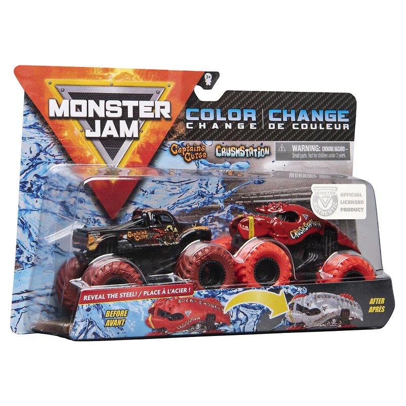 Monster Jam, Monster trucks Captain's Curse vs Crushstation officiels qui changent de couleur en métal moulé, échelle 1:64