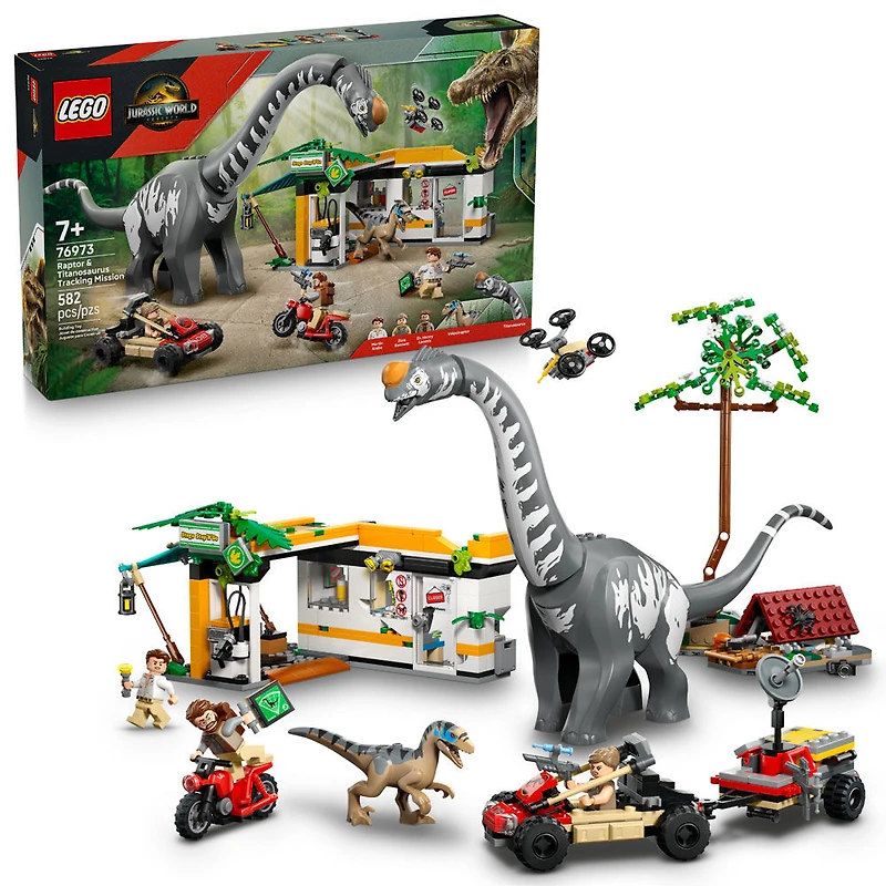 LEGO Jurassic World Mission de Suivi du Raptor et du Titanosaure, Jouet avec Station de Recharge 76973