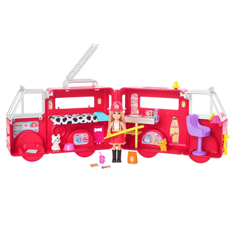 Barbie Chelsea Fire Truck Playset, Chelsea Doll (6 inch), Fold Out Firetruck, 15+ Storytelling Accessories, Stickers