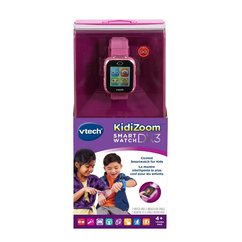 VTech KidiZoom Smartwatch DX3 avec deux appareils photo, lumière à DEL et flash, jumelage sécurisé des montres, effets photo et vidéo, jeux, podomètre, résistant aux éclaboussures