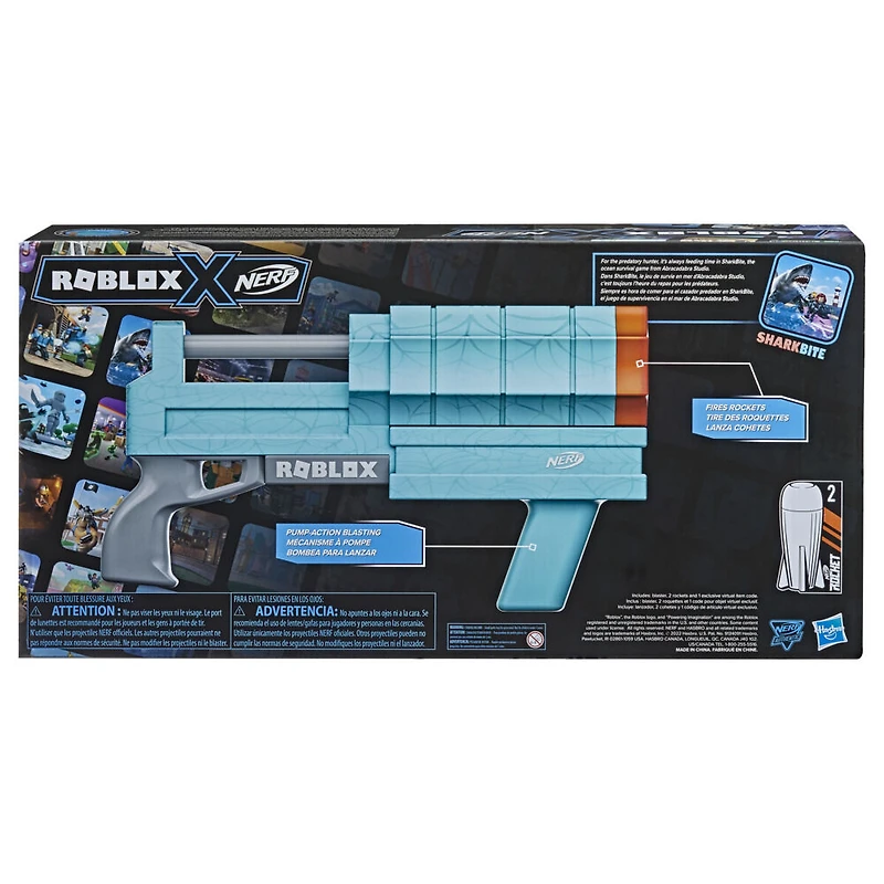 Nerf Roblox, blaster lance-roquette SharkBite: Web Launcher, inclut code pour objet virtuel exclusif, 2 roquettes Nerf, mécanisme à pompe