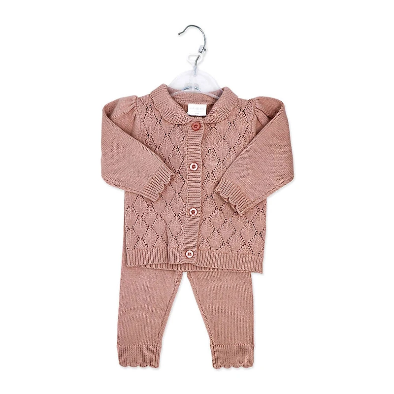 Rock a Bye Baby Pink Knit Cardigan with Frill Collar & Trouser 0-3M