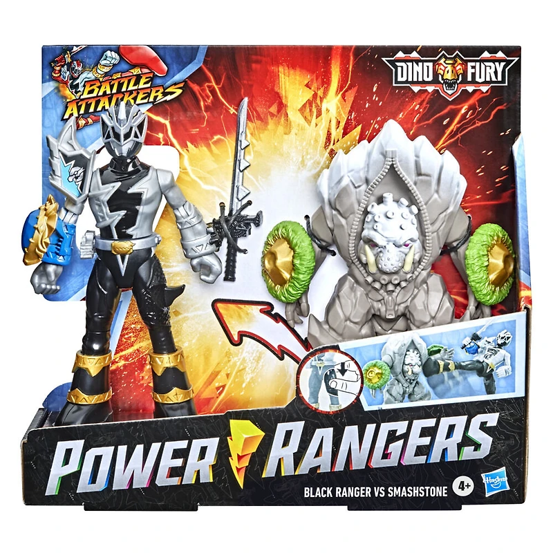Power Rangers Dino Fury Battle Attackers 2-Pack Black Ranger vs. Smashstone Kicking Action Figure Toys