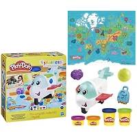 Play-Doh, coffret Starter Mon avion des découvertes, jouets préscolaires pour filles et garçons avec avion, tapis d'activité carte du monde, 3 accessoires et 4 couleurs de pâte à modeler
