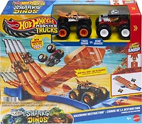 Hot Wheels Monster Trucks Sharks vs. Dinos Racedown Destruction Track Set & 2 1:64 Scale Toy Trucks