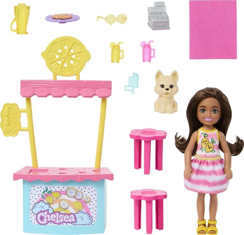 Barbie Chelsea Lemonade Stand Playset with Brunette Small Doll, Puppy, Stand & Accessories Barbie Chelsea Doll & Accessories, Lemonade Stand Playset with Brunette Small Doll, Puppy, Stand & Pieces