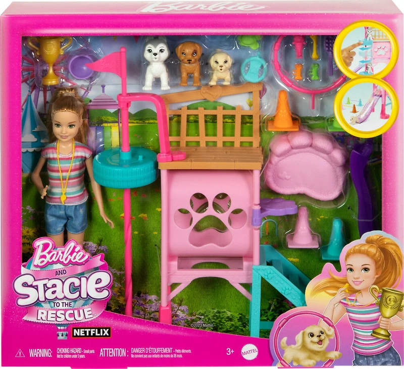 Barbie Poupée et Coffret Parcours d'Obstacles avec poupée, 3 figurines de chiens et accessoires