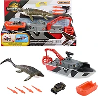Matchbox Jurassic World Mosasaurus Rescue Action Boat Playset with Ship, Dino, Toy Car & Missiles