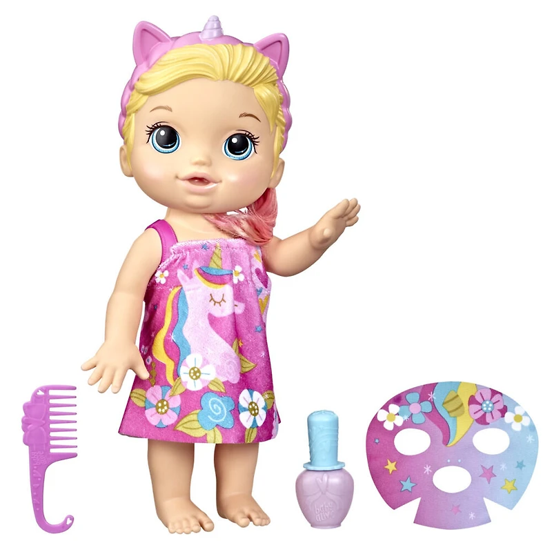 Baby Alive poupée Bébé beauté 32,5 cm à baigner, thème licorne, maquillage et ongles magiques, cheveux blonds, enfants