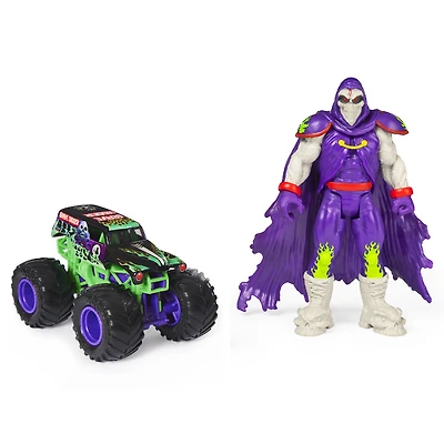 Monster Jam, Coffret Monster truck Grave Digger à l'échelle 1:64 officiel et figurine articulée Grim Creatures de 12,7 cm (violet métallique)