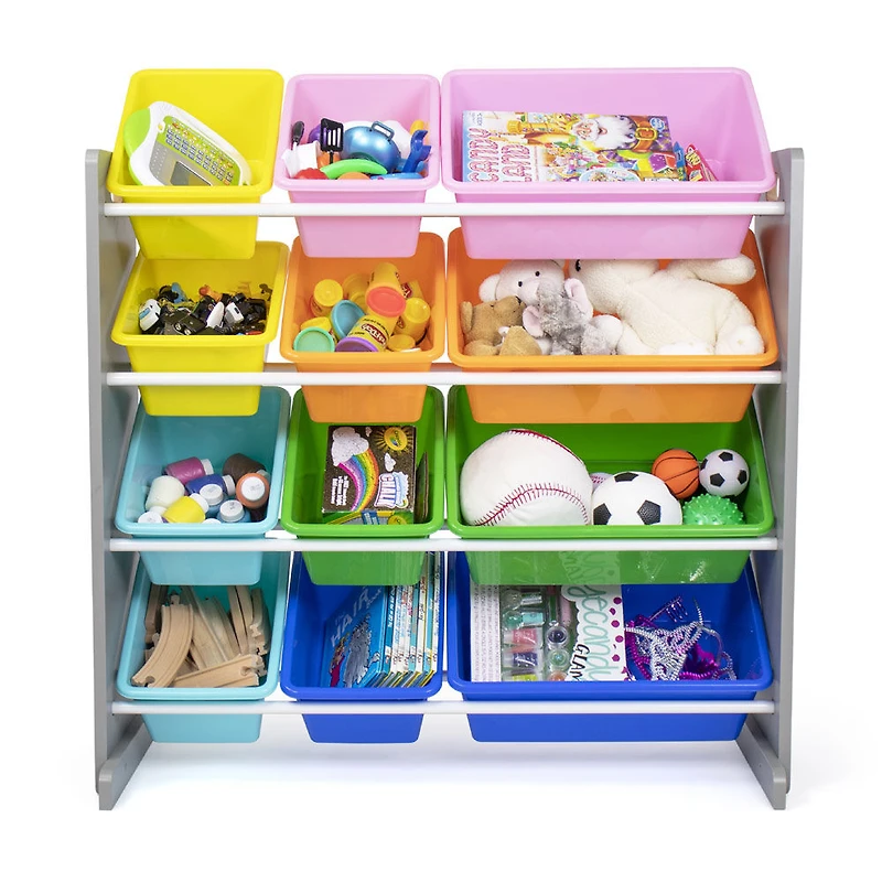 Système de rangement pour jouets avec 12 bacs de rangement, gris