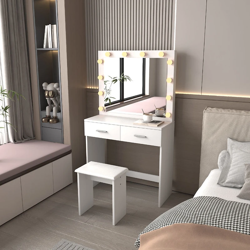 White Vanity with Mirror 140cm and Stool 43cm