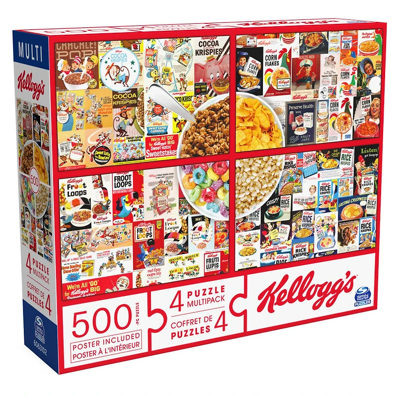 Kellogg's, Coffret de 4 puzzles, 500 pièces qui se combinent pour former un méga puzzle : Cocoa Krispies, Corn Flakes, Fruit Loops, Rice Krispies