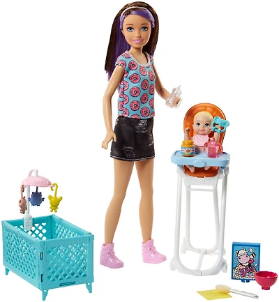 Barbie Babysitting Playset with Skipper Doll, Color-Change Baby Doll, High Chair, Crib and Themed Accessories
