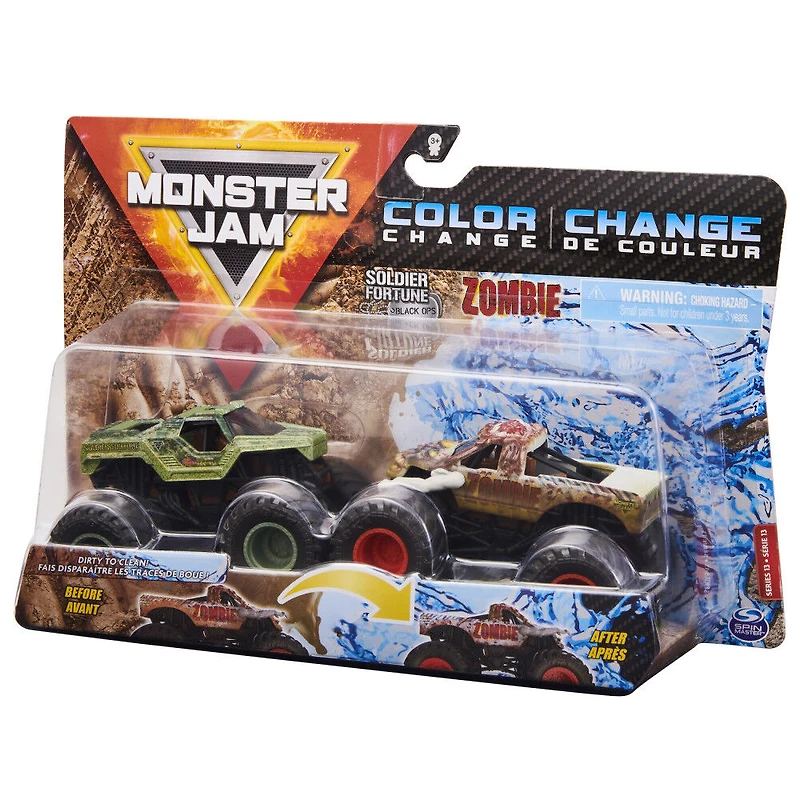 Monster Jam, Coffret de 2 monster trucks officiels en métal moulé Soldier Fortune Black Ops vs Zombie qui changent de couleur, échelle 1:64