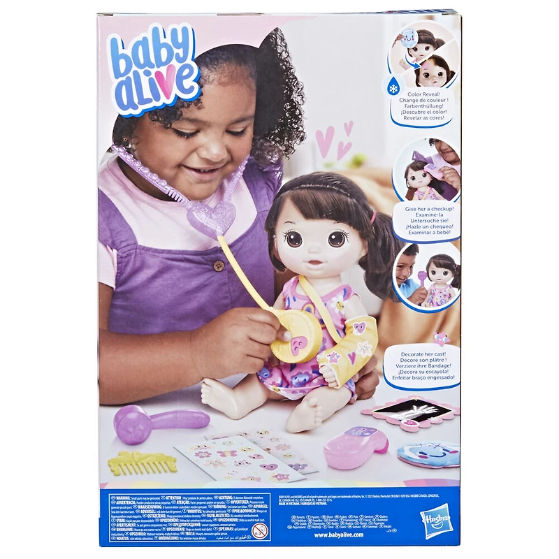 Baby Alive, Bella va mieux, coffret de poupée (cheveux bruns foncés) pour jouer au docteur