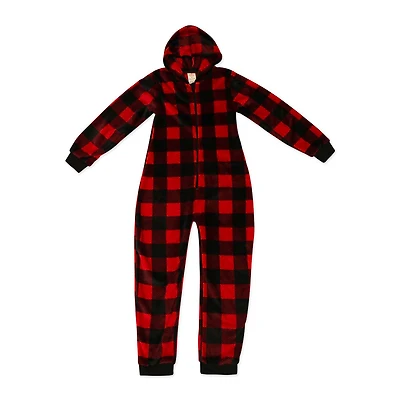 J&L Designs Adult Buffalo Plaid Hooded Fleece Jumpsuit