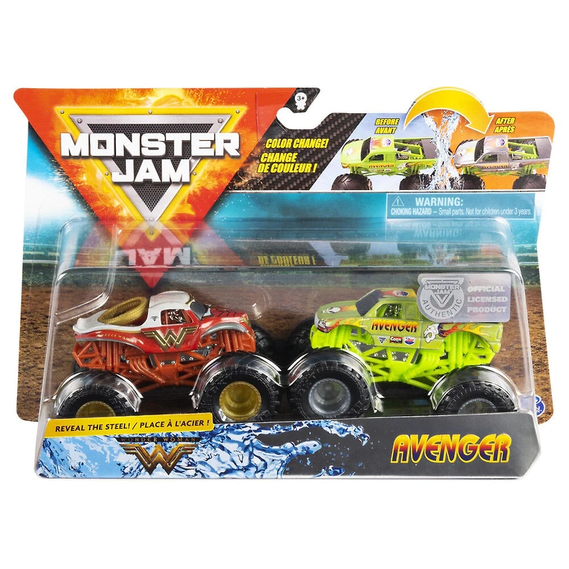 Monster Jam, Monster trucks Wonder Woman vs Avenger officiels qui changent de couleur en métal moulé, échelle 1:64
