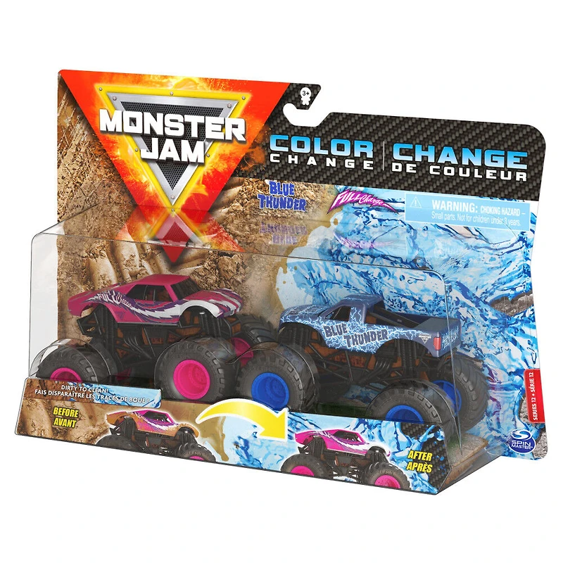 Monster Jam, Coffret de 2 monster trucks officiels en métal moulé Blue Thunder vs Full Charge qui changent de couleur, échelle 1:64