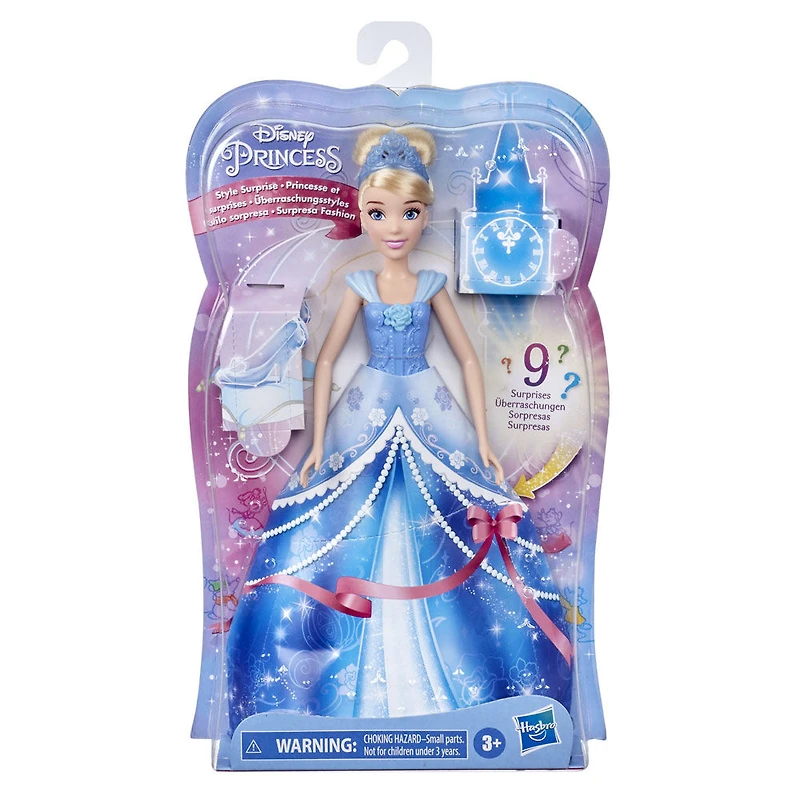 Disney Princess, Princesse et surprises, poupée mannequin Cendrillon avec 10 vêtements et accessoires, surprises cachées