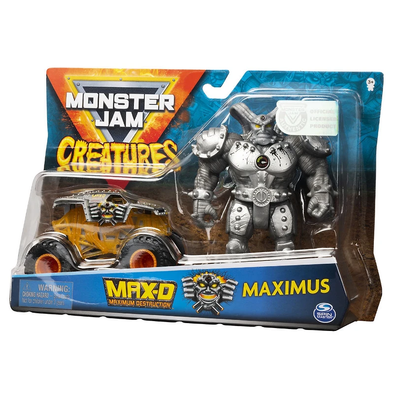 Monster Jam, Coffret Monster truck Max-D à l'échelle 1:64 officiel et figurine articulée Maximus Creatures de 13 cm