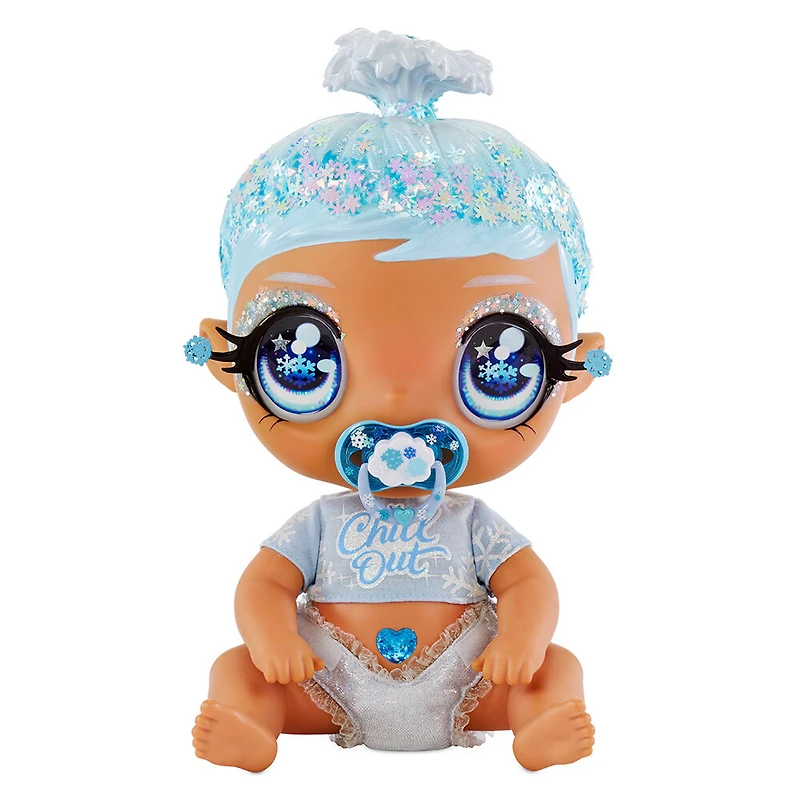 Poupon GLITTER BABYZ January Snowflake avec 3 changements de couleur magiques / poupon aux cheveux bleus avec flocons de neige sur sa tenue et couche réutilisable, biberon et sucette