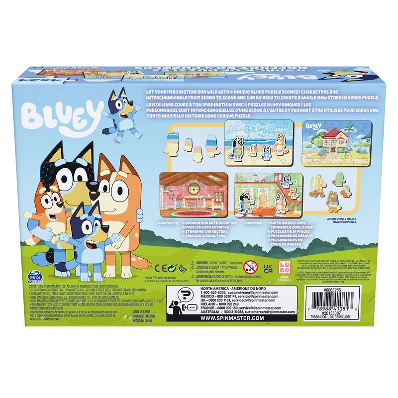Bluey, Coffret de 4 puzzles en bois avec personnages Bingo, Maman et Papa, Coffret cadeau puzzles de 24 pièces