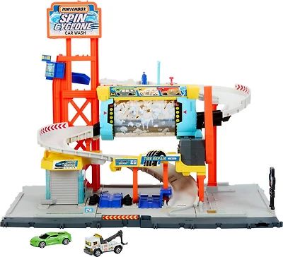 Matchbox Spin Cyclone Car Wash Playset with 1:64 Scale Die-Cast Toy Corvette & Tow Truck