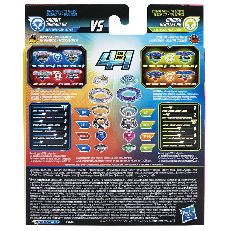 Beyblade Burst QuadStrike Dual Pack, pack de 2 toupies de compétition Gambit Dragon D8 et Ambush Achilles A8