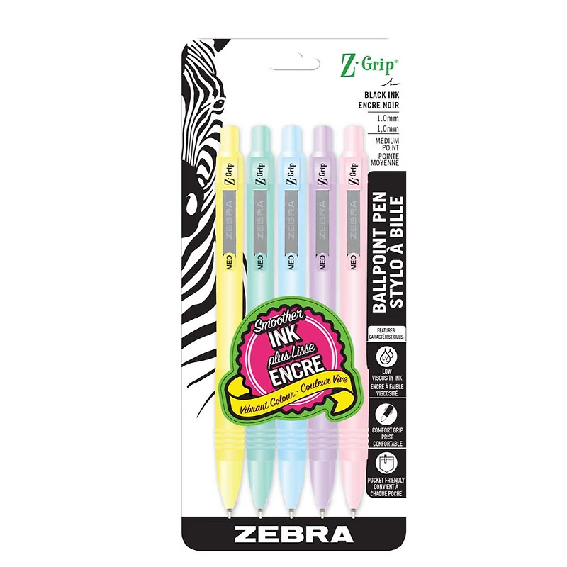 Z-Grip Pastel Barrel Retractable Ballpoint Pen Black Ink 5pk
