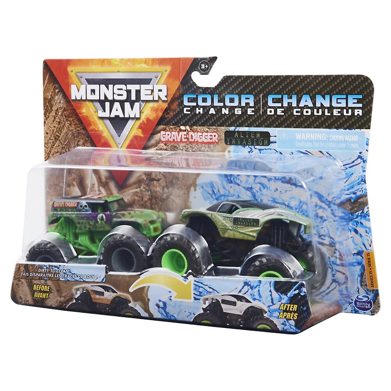 Monster Jam, Coffret de 2 monster trucks officiels en métal moulé Grave Digger vs. Alien Invasion qui changent de couleur, échelle 1:64