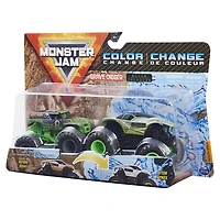 Monster Jam, Coffret de 2 monster trucks officiels en métal moulé Grave Digger vs. Alien Invasion qui changent de couleur, échelle 1:64