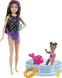 Poupées et coffret de jeu Skipper Babysitters Inc. Barbie avec poupée Skipper Gardienne d'enfants, poupée tout-petit avec maillot de bain à changement de couleur, piscine pour enfants, Baleine jouet aspergeuse et accessoires