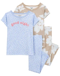 Pyjama 4 pièces en coton ajusté à imprimé fleuri 