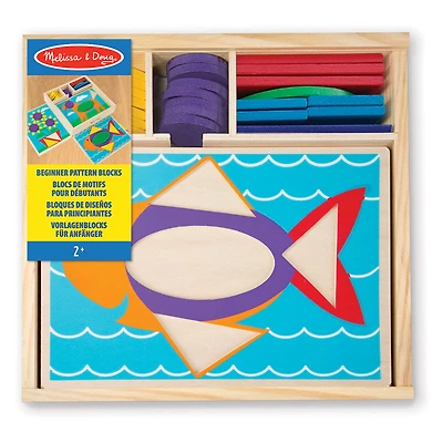 Melissa & Doug Beginner Wooden Pattern Blocks Educational Toy With 5 Double-Sided Scenes and 30 Shapes