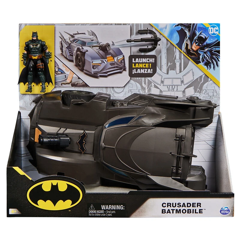 DC Comics, Coffret Crusader Batmobile avec figurine Batman exclusive de 10 cm, 3 figurines de super-méchants en papier